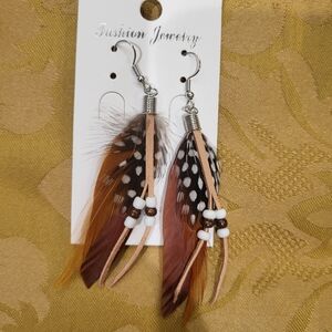 Feather With Beaded Faux Leather Hook Earrings